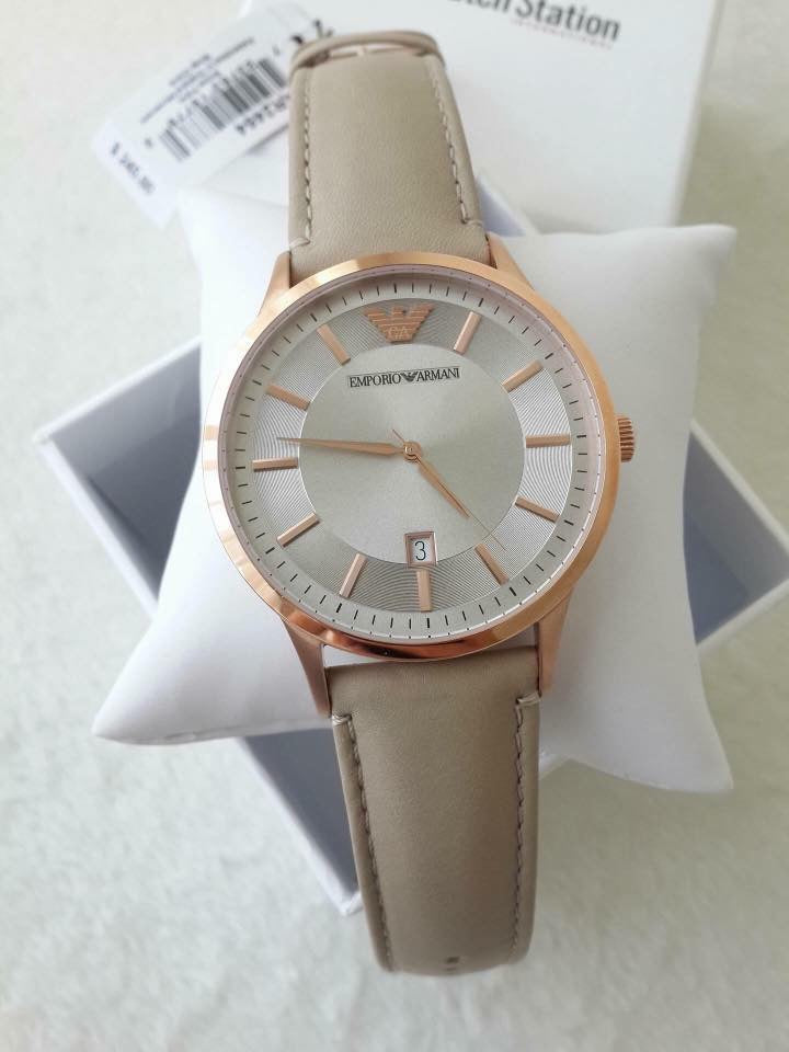 Emporio Armani Classic Quartz Silver Dial Beige Leather Strap Watch For Men - AR2464