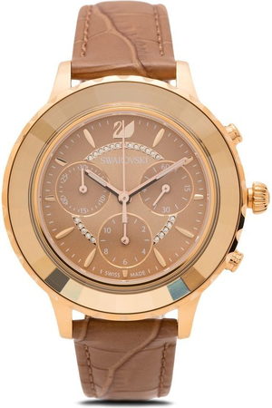 Swarovski Octea Lux Chrono Brown Gold Dial Brown Leather Strap Watch for Women - 5632260