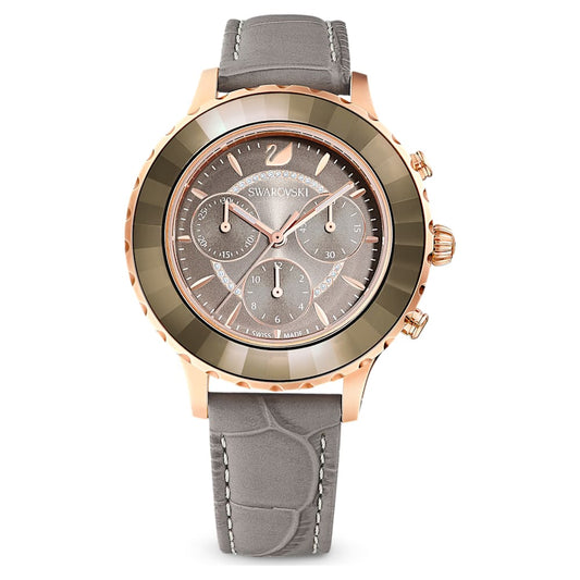 Swarovski Octea Lux Chrono Grey Dial Grey Leather Strap Watch for Women - 5452495