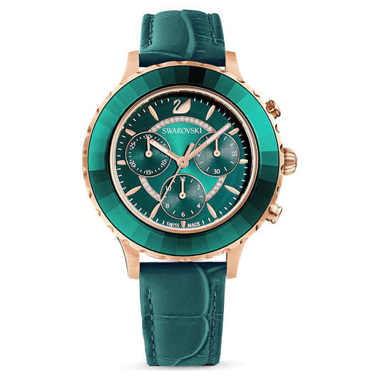 Swarovski Octea Lux Chrono Emerald Green Dial Green Leather Strap Watch for Women - 5452498