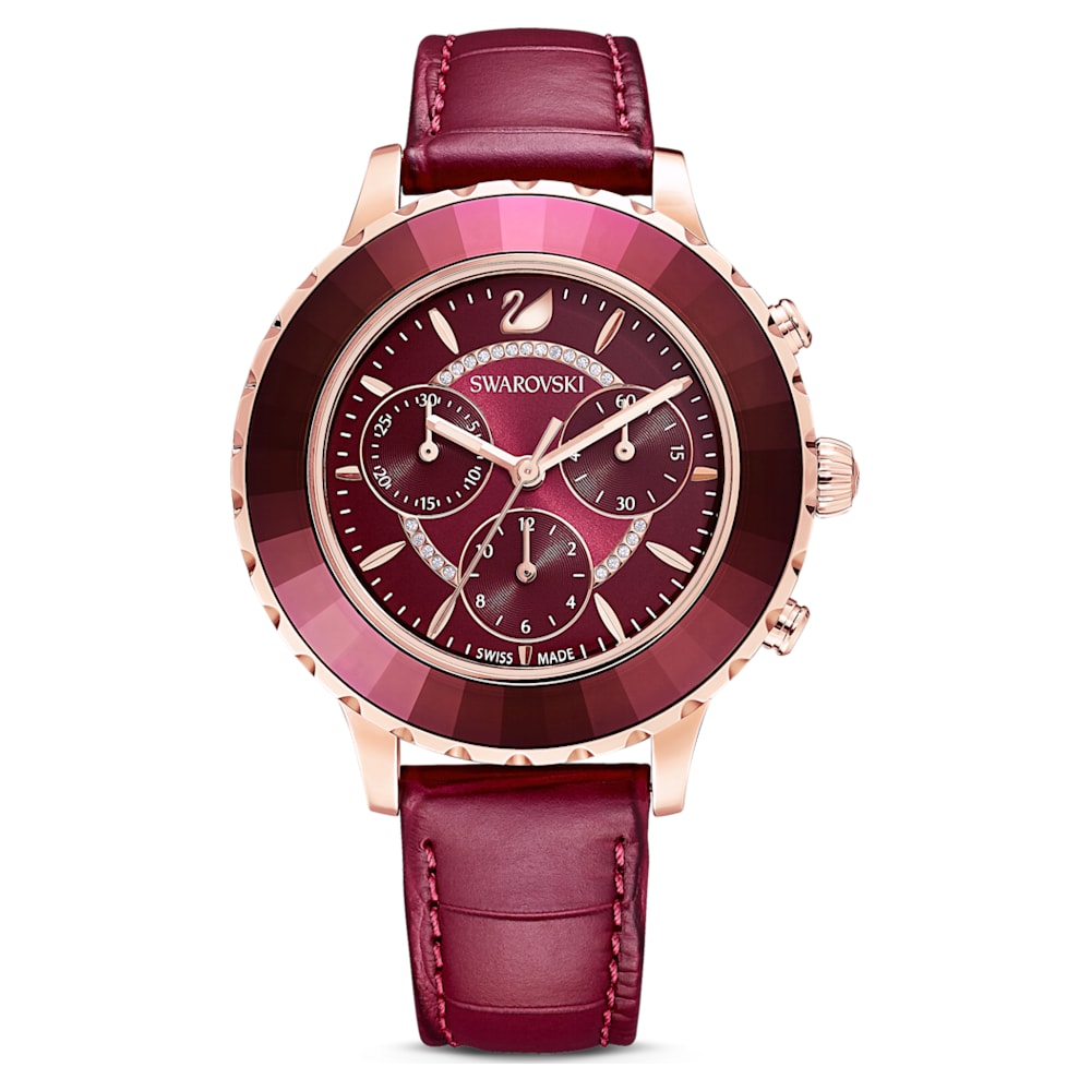 Swarovski Octea Lux Chrono Red Dial Red Leather Strap Watch for Men - 5646975