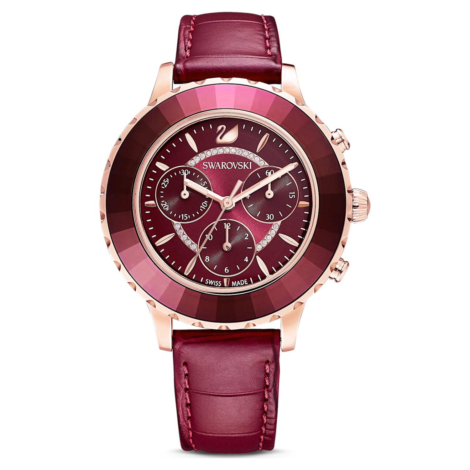 Swarovski Octea Lux Chrono Red Dial Red Leather Strap Watch for Women - 5547642