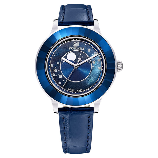Swarovski Octea Lux Moon Crystal Blue Dial Blue Leather Strap Watch for Women - 5516305