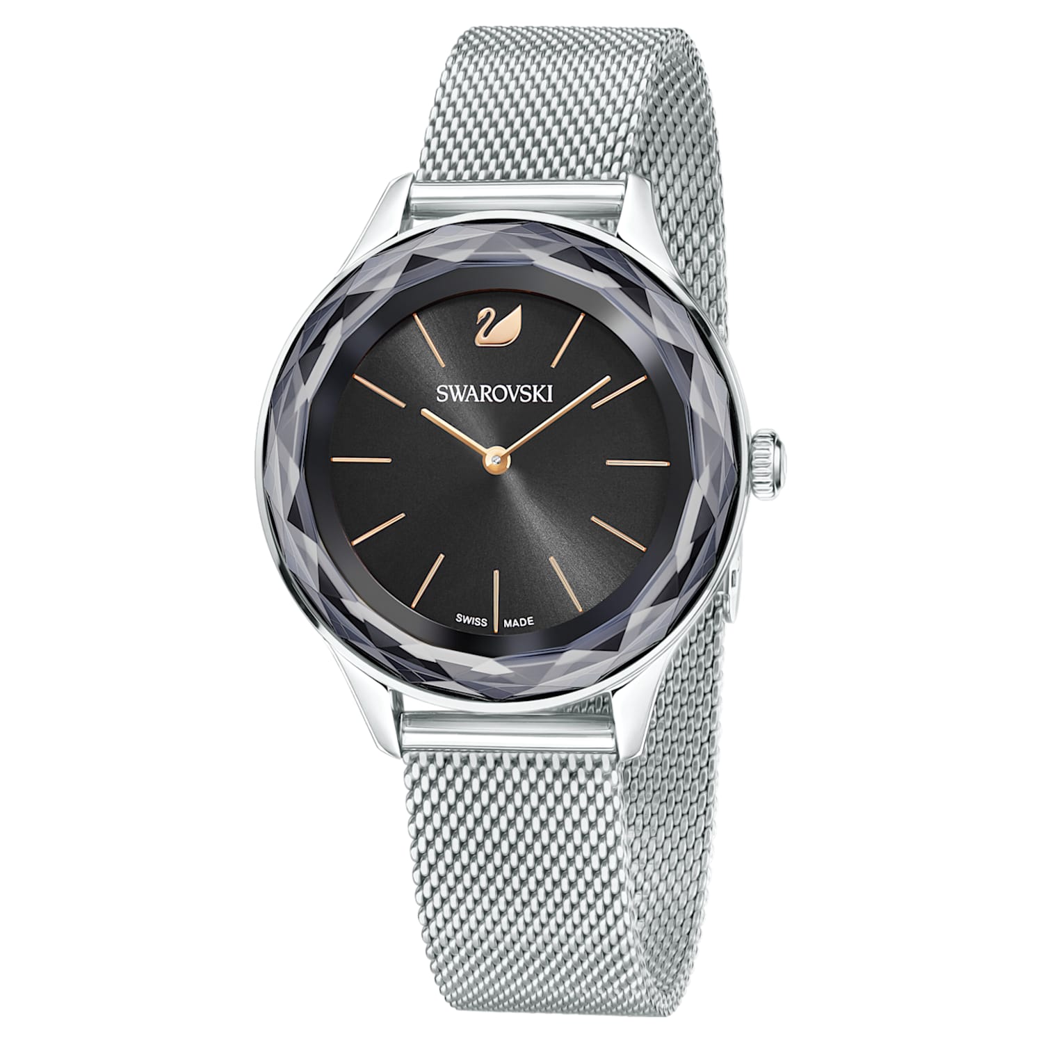 Swarovski Octea Nova Black Dial Silver Mesh Bracelet Watch for Women - 5430420