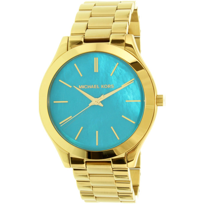 Michael Kors Slim Runway Blue Mother of Pearl Dial Gold Steel Strap Watch for Women - MK3492