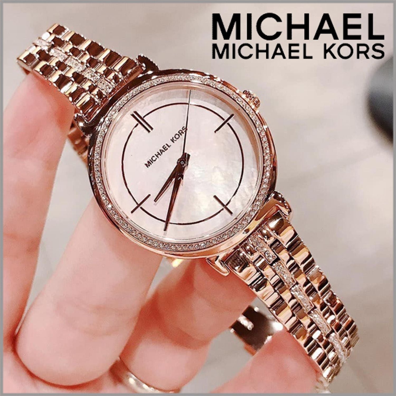 Michael Kors Cinthia Mother of Pearl Dial Gold Steel Strap Watch for Women - MK3643