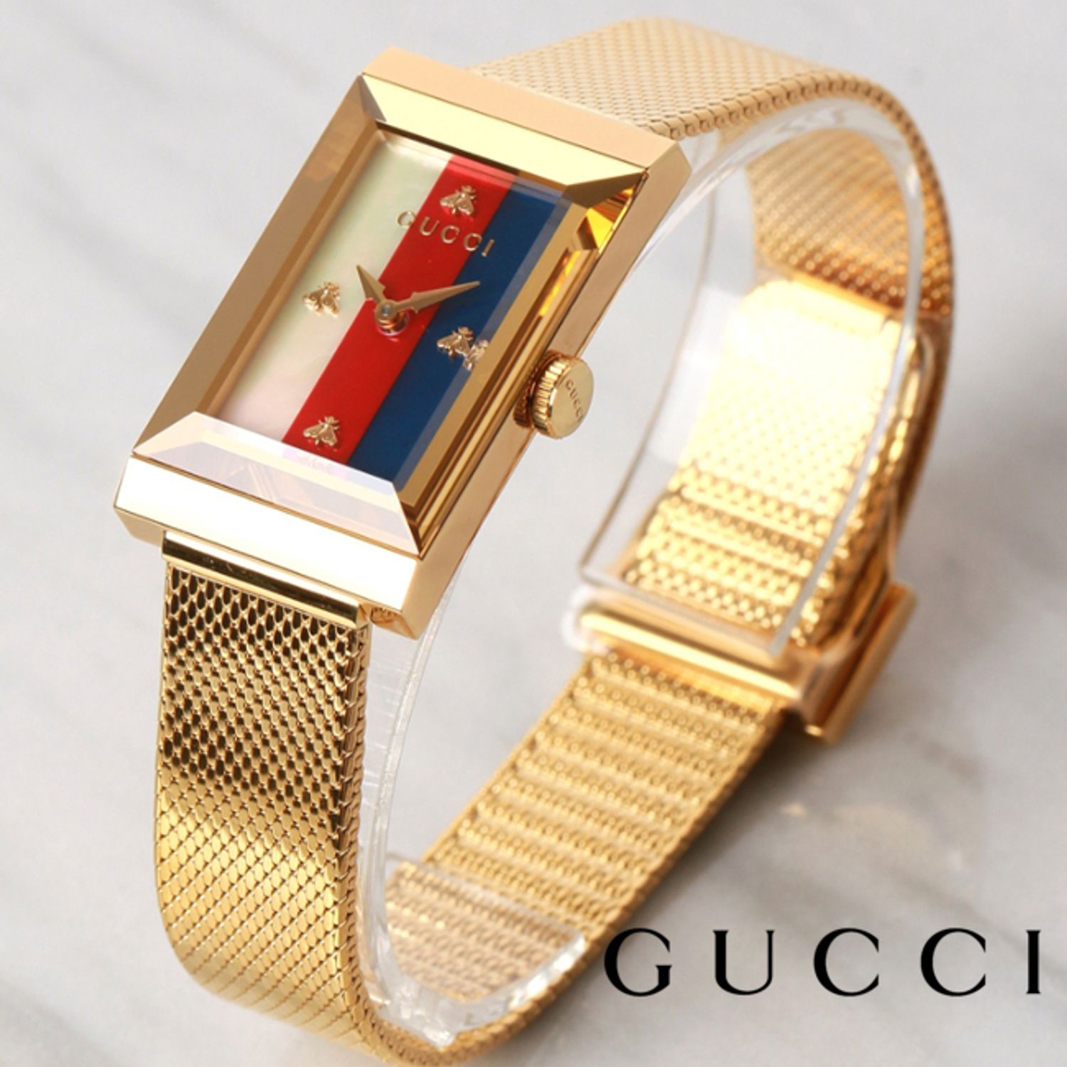 Gucci G-Frame Yellow Gold Stainless Steel Mesh Mother of Pearl Dial Watch For Women - YA147410