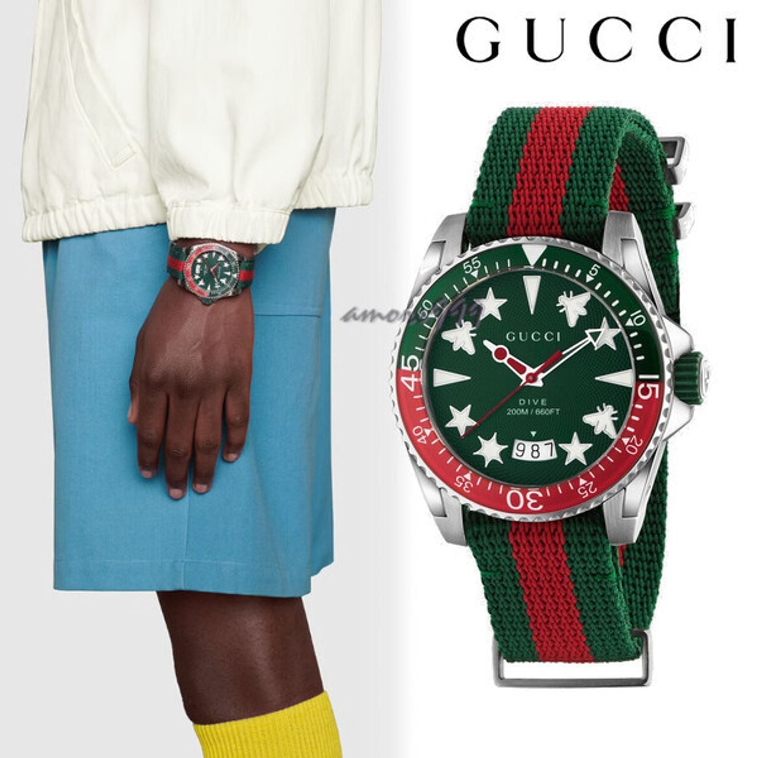 Gucci Dive Quartz Green Dial Two Tone NATO Strap Watch For Men - YA136339