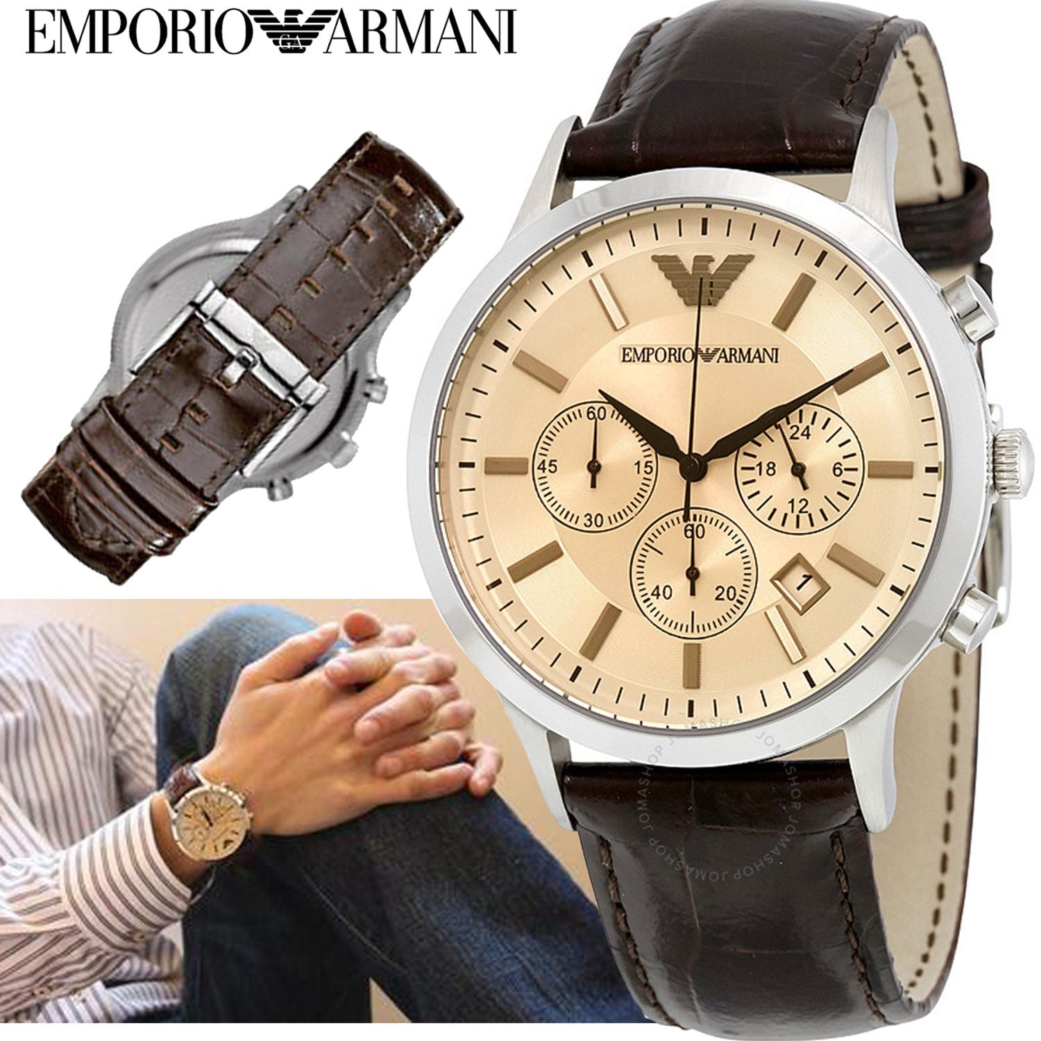 Emporio Armani Classic Chronograph Beige Dial Brown Leather Strap Watch For Men - AR2433