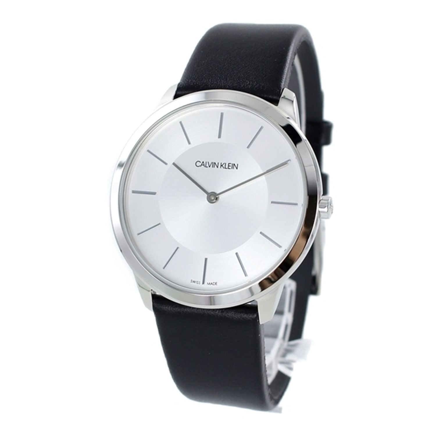 Calvin Klein Minimalist Silver Dial Black Leather Strap Watch for Men - K3M211C6