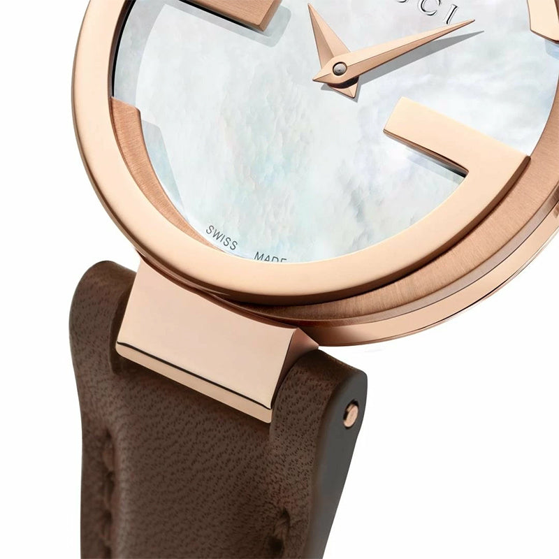 Gucci Interlocking Mother of Pearl Dial Brown Leather Strap Watch For Women - YA133516