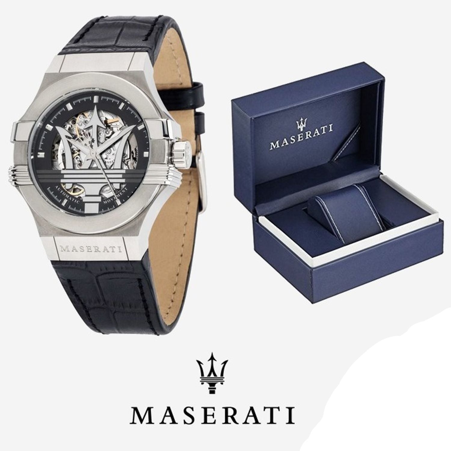 Maserati Potenza Automatic Black Dial Black Leather Strap Watch For Men - R8821108001