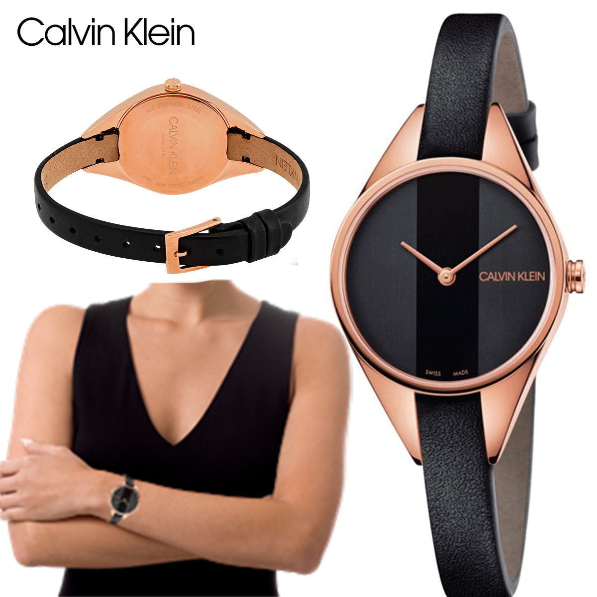 Calvin Klein Rebel Black Dial Black Leather Strap Watch for Women - K8P236C1