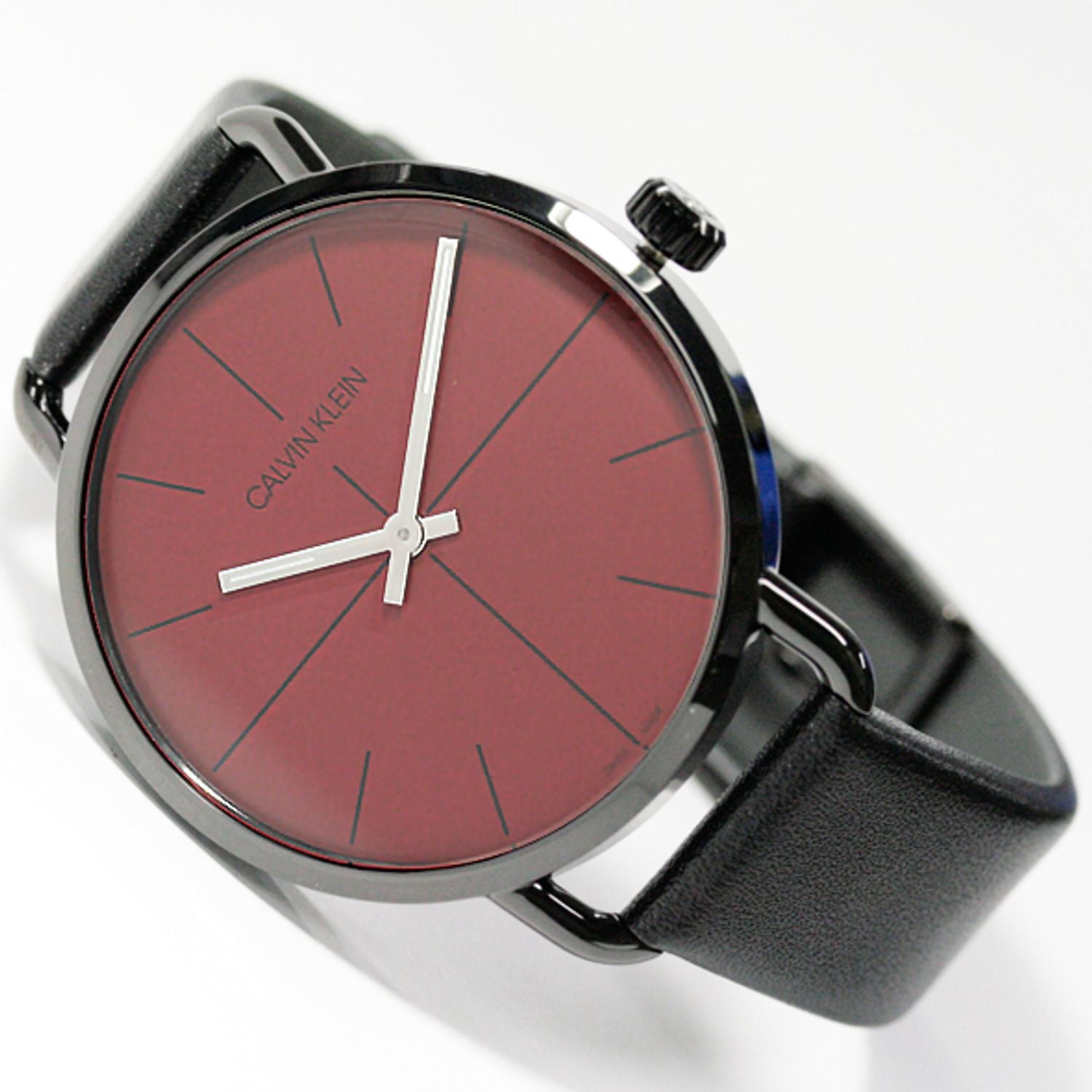 Calvin Klein Even Maroon Dial Black Leather Strap Watch for Men - K7B214CP