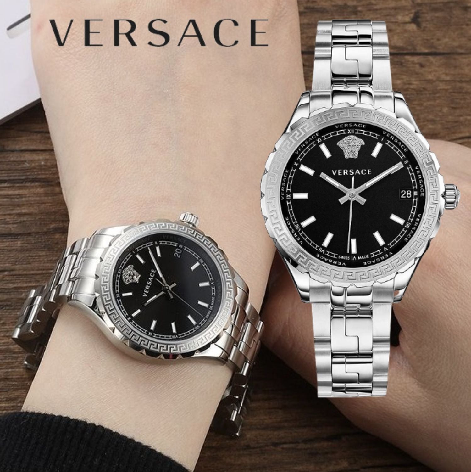 Versace Hellenyium Black Dial Silver Steel Strap Watch for Women - V12020015