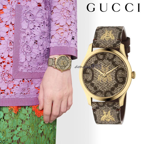 Gucci G Timeless Bee Motif Quartz Brown Dial Brown Leather Strap Watch For Men - YA1264068