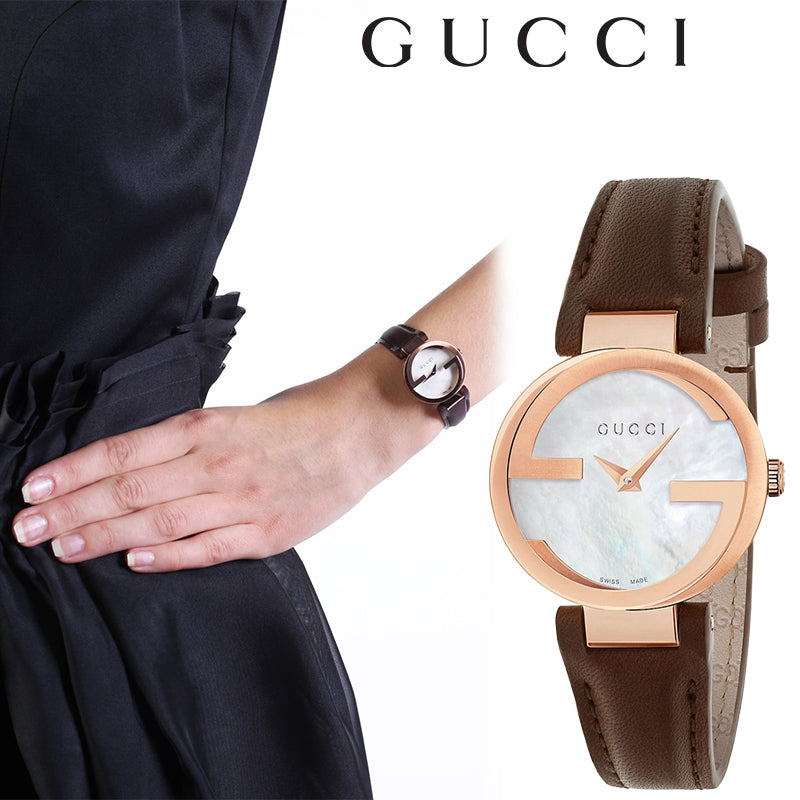 Gucci Interlocking Mother of Pearl Dial Brown Leather Strap Watch For Women - YA133516