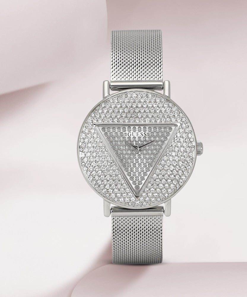 Guess Iconic Diamonds Silver Dial Silver Mesh Bracelet Watch For Women - GW0477L1