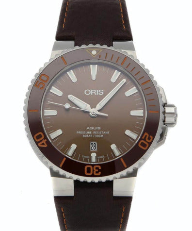 Oris Aquis Date Brown Dial Brown Leather Strap Watch for Men - 0173377304152-0752412EB