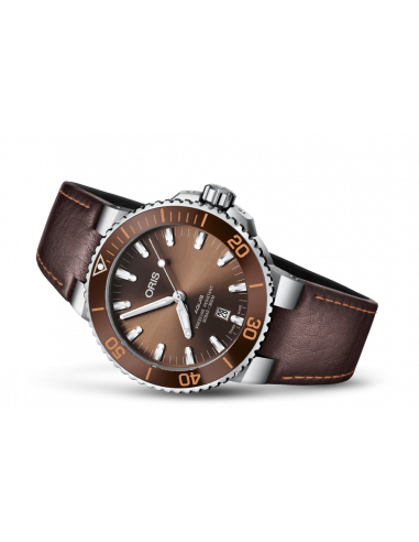 Oris Aquis Date Brown Dial Brown Leather Strap Watch for Men - 0173377304152-0752412EB