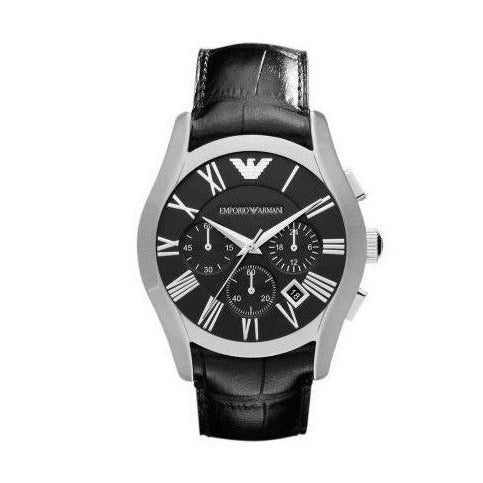 Emporio Armani Valente Chronograph Black Dial Black Leather Strap Watch For Men - AR1633