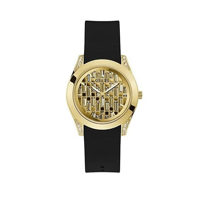 Guess Clarity Gold Dial Black Silicone Strap Watch for Women - GW0109L1