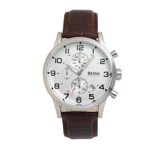 Hugo Boss Aeroliner Chronoraph White Dial Brown Leather Strap Watch For Men - HB1512447