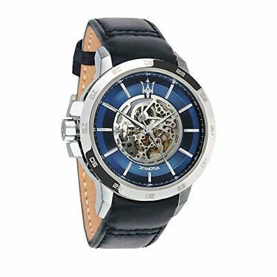 Maserati Ingegno Automatic Blue Skeleton Dial Black Leather Strap Watch For Men - R8821119004