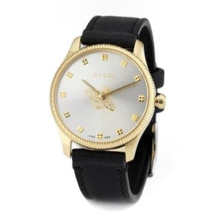 Gucci G Timeless Quartz Silver Dial Black Leather Strap Watch For Women - YA1265023