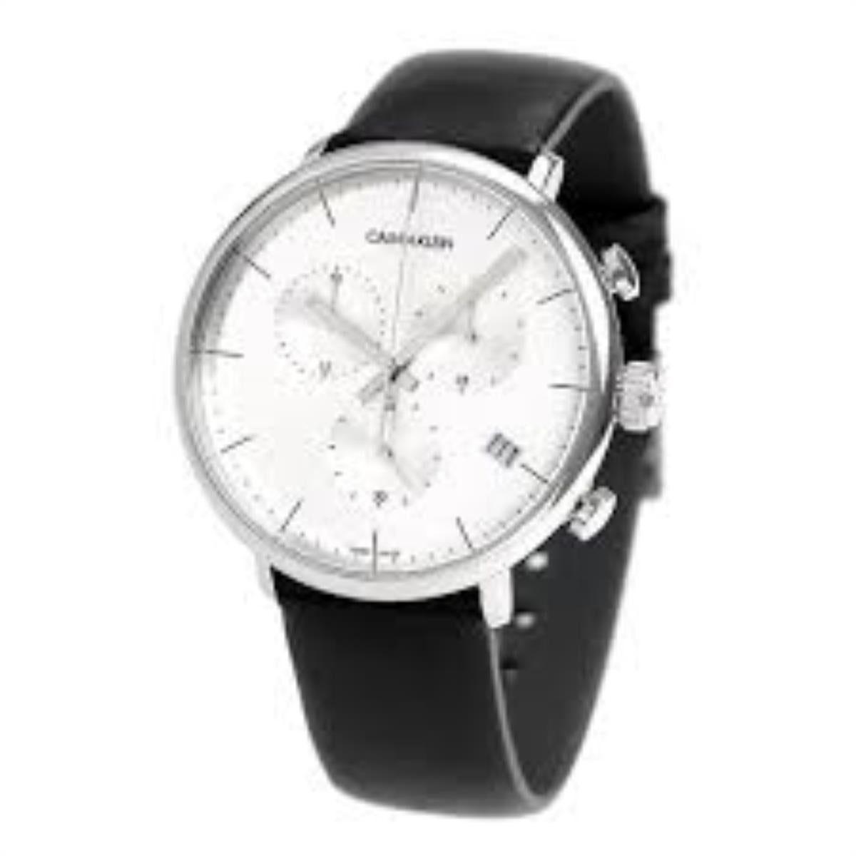 Calvin Klein High Noon Chronograph White Dial Black Leather Strap Watch for Men - K8M271C6