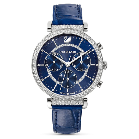 Swarovski Passage Chrono Crystal Blue Dial Blue Leather Strap Watch for Women - 5580342