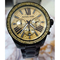 Michael Kors Wren Chronograph Gold Dial Black Steel Strap Watch for Women - MK5961