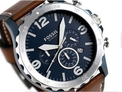 Fossil Nate Chronograph Blue Dial Brown Leather Strap Watch for Men - JR1504