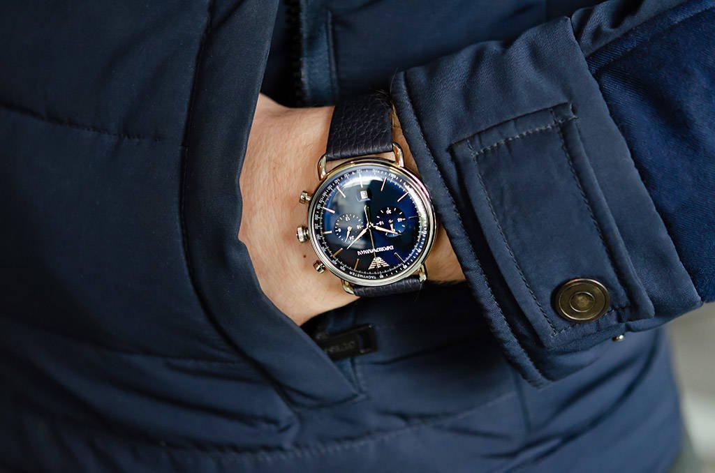 Emporio Armani Aviator Chronograph Blue Dial Blue Leather Strap Watch For Men - AR11105