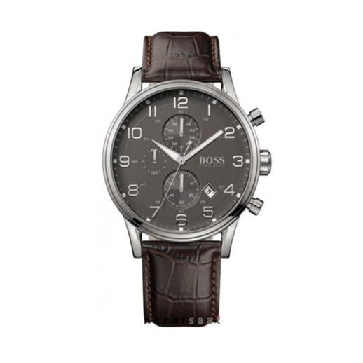 Hugo Boss Aeroliner Chronograph Quartz Grey Dial Brown Leather Strap Watch For Men - HB1512570