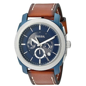 Fossil Machine Chronograph Blue Dial Brown Leather Strap Watch for Men - FS5232