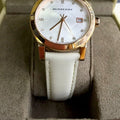 Burberry The City Silver Diamonds Dial White Leather Strap Watch for Women - BU9130