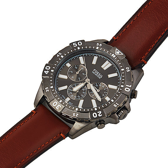 Fossil Garrett Chronograph Grey Dial Brown Leather Strap Watch for Men - FS5770