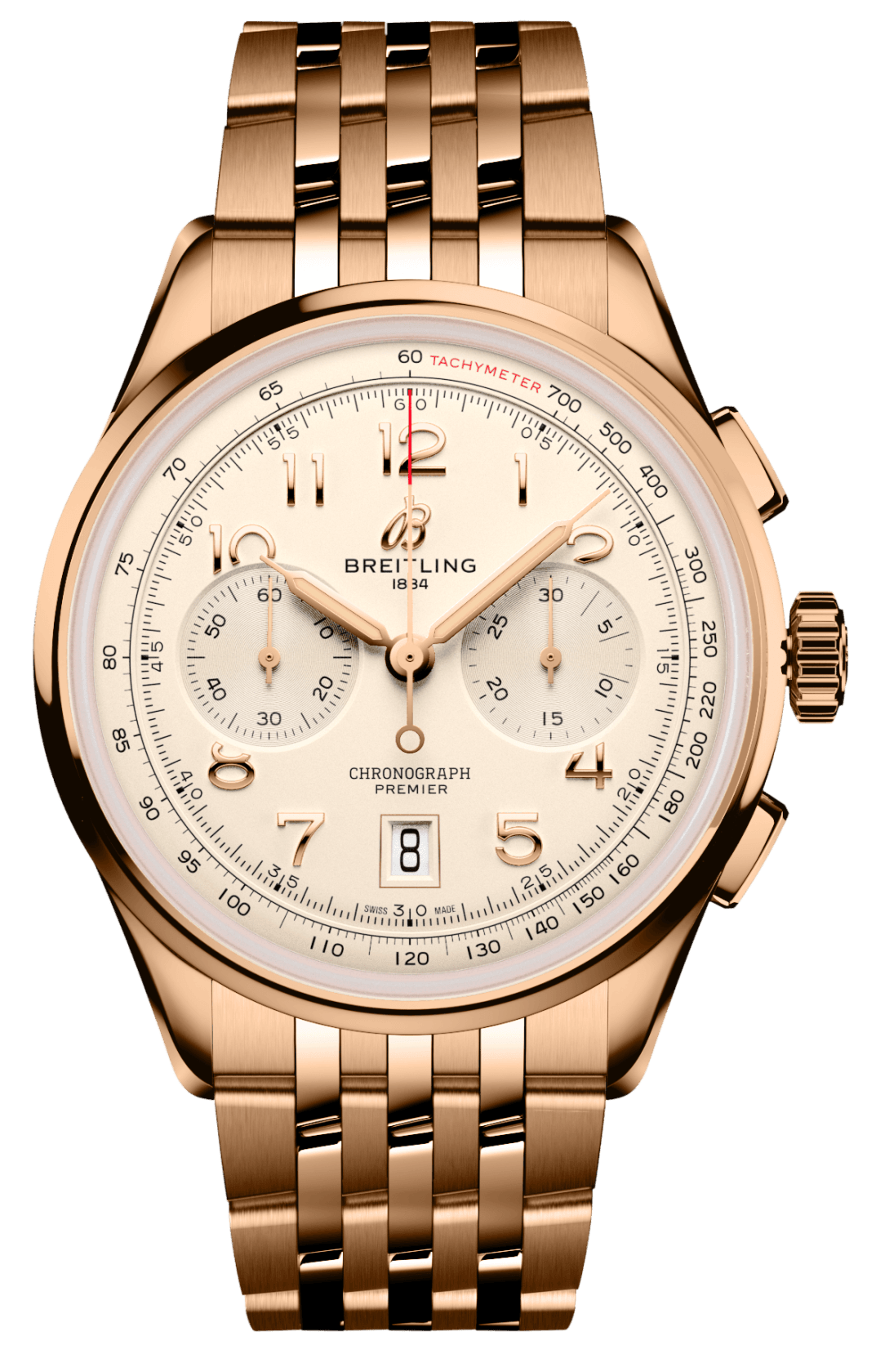 Breitling Premier B01 Chronograph 42 White Dial Rose Gold Steel Strap Watch for Men - RB0145371G1R1