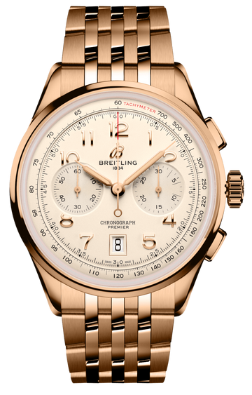 Breitling Premier B01 Chronograph 42 White Dial Rose Gold Steel Strap Watch for Men - RB0145371G1R1