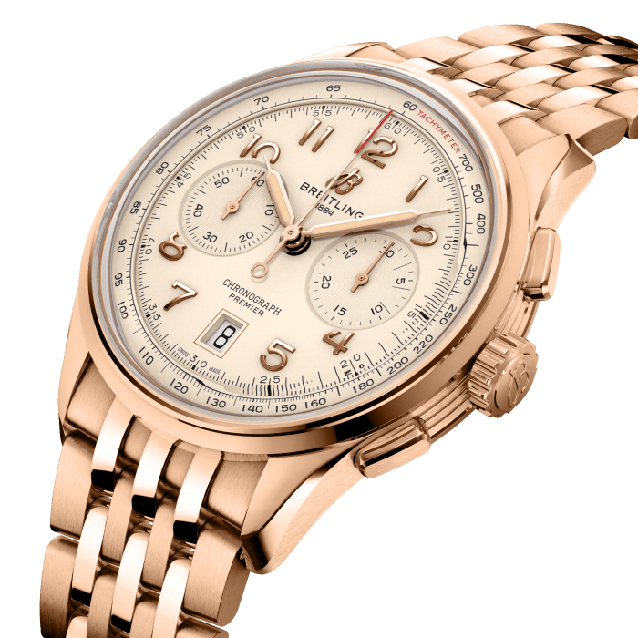 Breitling Premier B01 Chronograph 42 White Dial Rose Gold Steel Strap Watch for Men - RB0145371G1R1