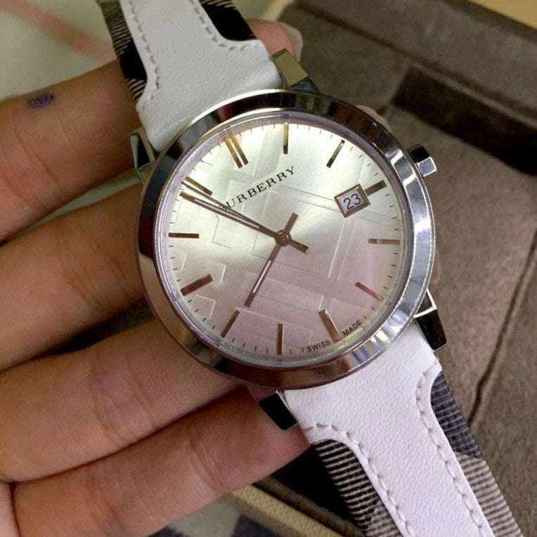 Burberry The City Silver Dial White Leather Strap Watch for Women - BU9019