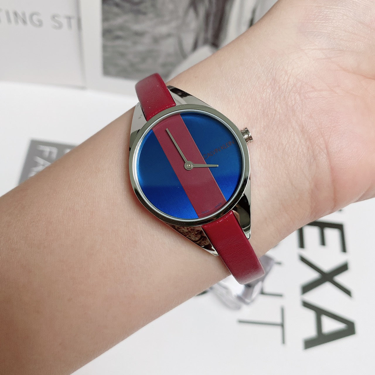 Calvin Klein Rebel Blue Maroon Dial Maroon Leather Strap Watch for Women - K8P231UN