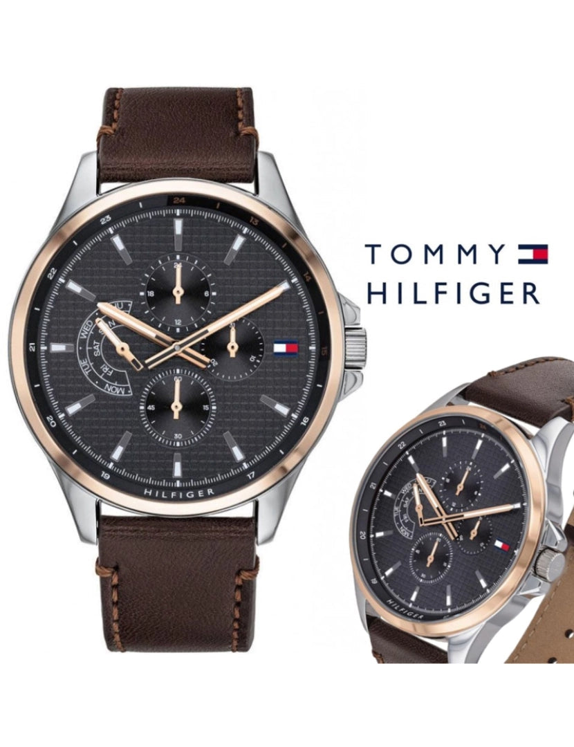 Tommy Hilfiger Shawn Multi Function Quartz Grey Dial Brown Leather Strap Watch for Men - 1791615