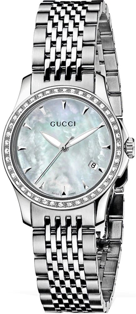 Gucci G Timeless Quartz Diamonds Mother of Pearl Dial Silver Steel Strap Watch For Women - YA126506