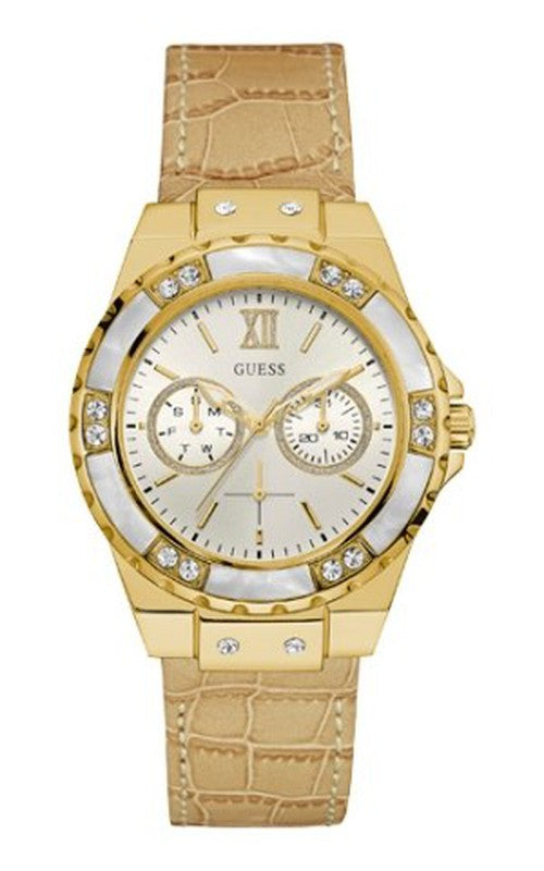 Guess Limelight Quartz Silver Dial Golden Leather Strap Watch For Women - W0775L2