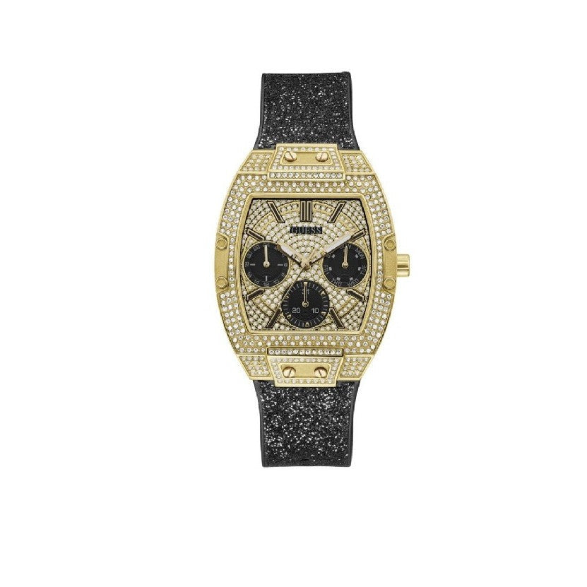 Guess Raven Diamonds Champagne Dial Black Rubber Strap Watch For Women - GW0105L2