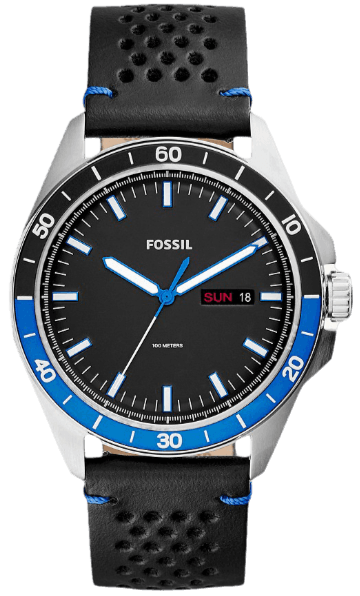 Fossil Sport 54 Day Date Black Dial Black Leather Strap Watch for Men - FS5321