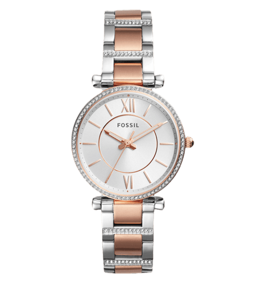 Fossil Carlie Silver Dial Two Tone Steel Strap Watch for Women - ES4342