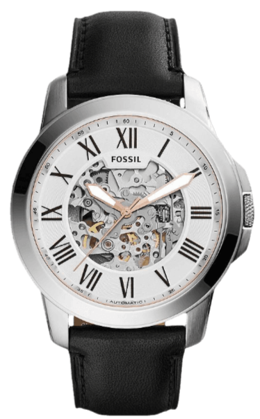 Fossil Grant Automatic Skeleton White Dial Black Leather Strap Watch for Men - ME3101